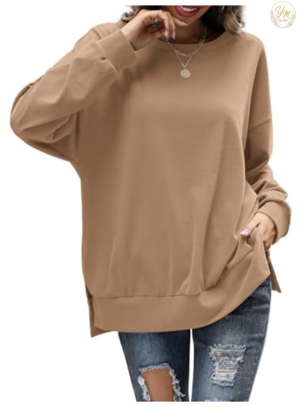 Oversized Crew Neck Long Sleeve Tunic Sweatshirt Soft Pullover Casual